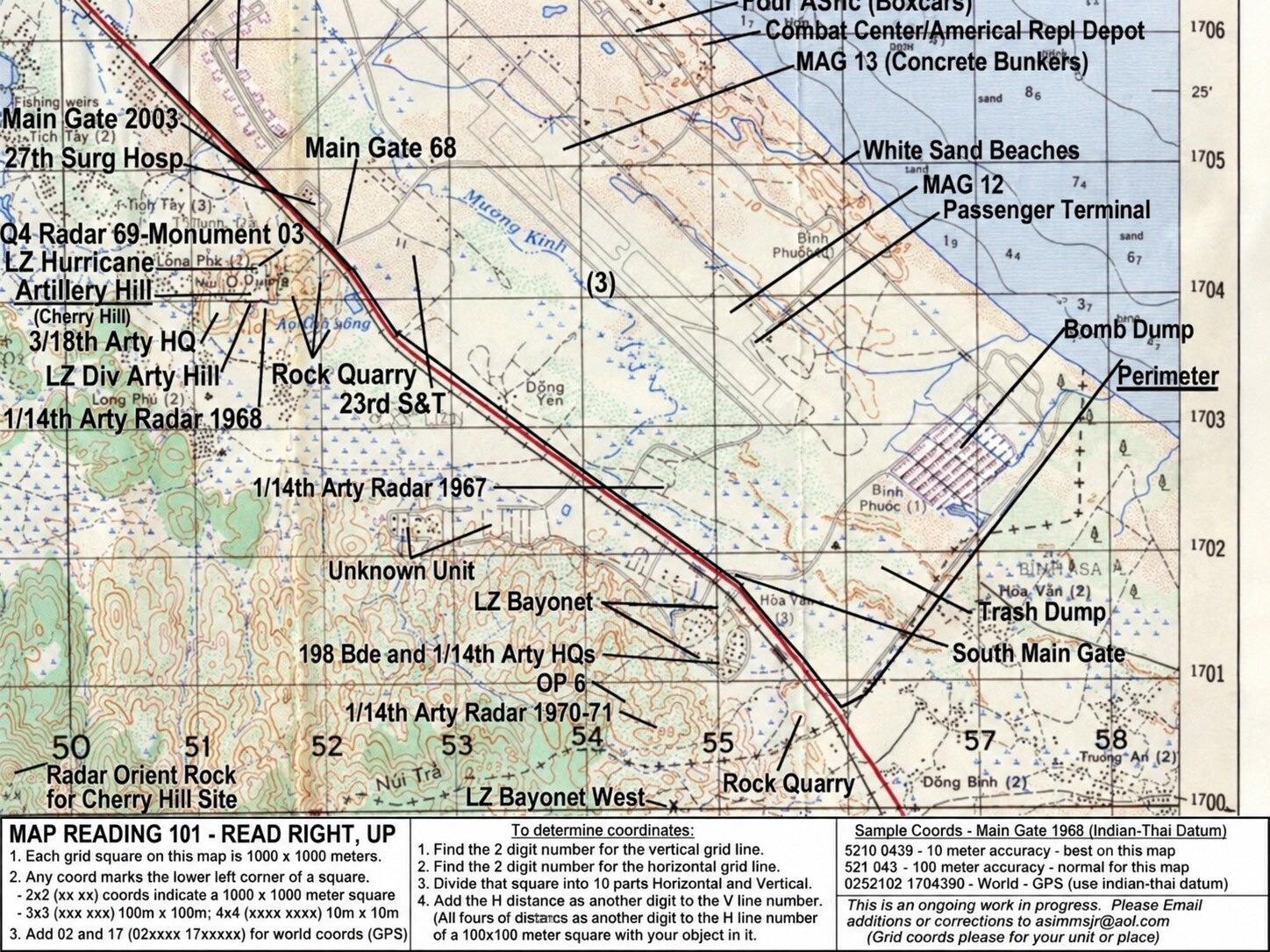 Annotated reference map of the Chu Lai base complex showing Highway 1, the airfield, LZ Bayonet, LZ Bayonet West, Americal facilities, artillery positions, gates, beaches, quarries, and support areas