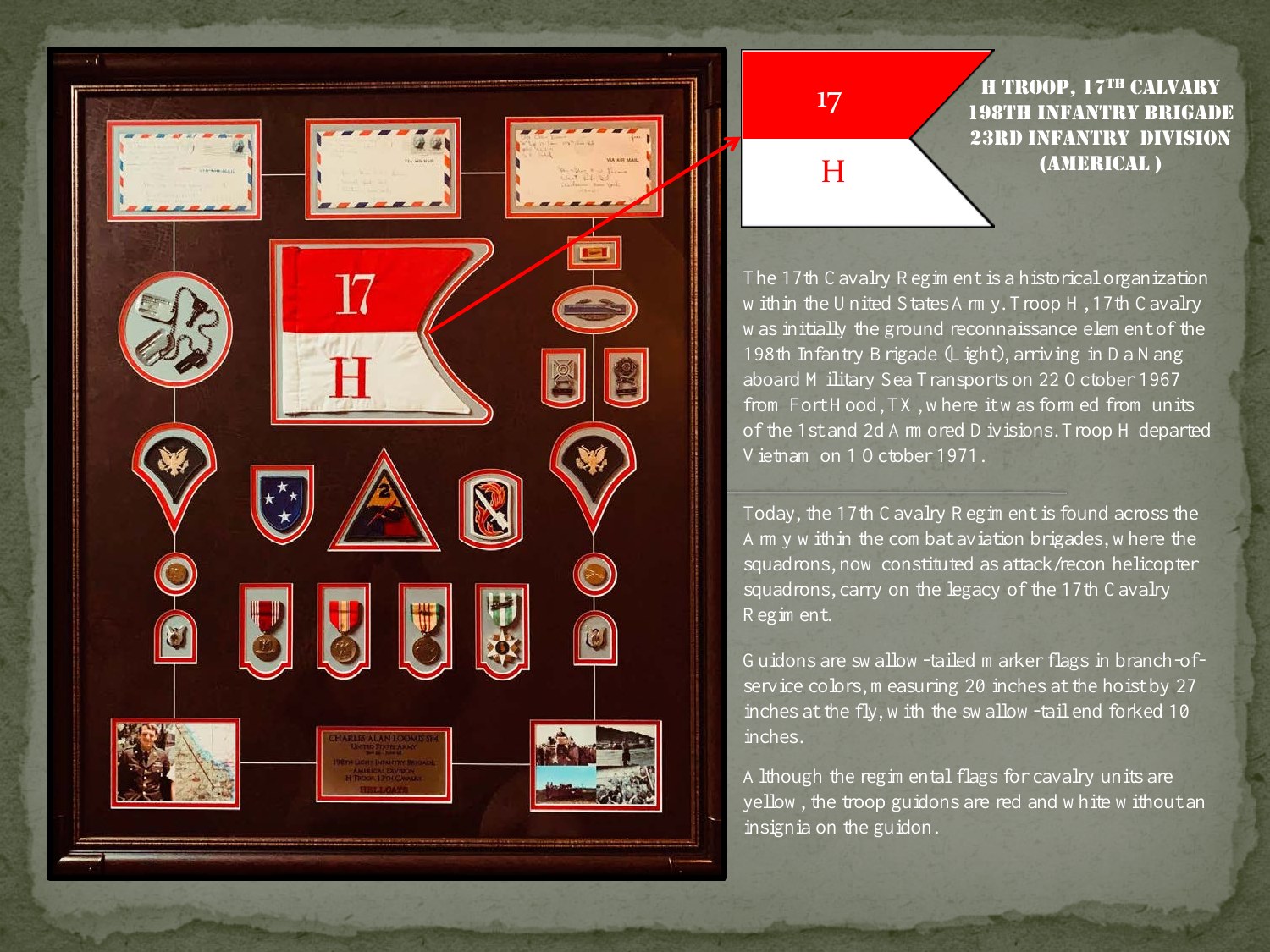 An educational presentation page explaining H Troop, 17th Cavalry and its guidon