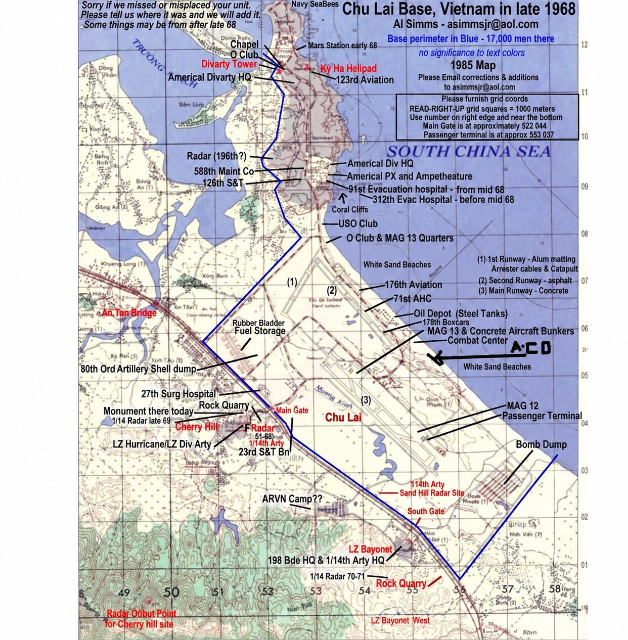 Veteran-compiled reference map of the Chu Lai base complex in late 1968 showing the Americal Division headquarters, airfield, aviation facilities, hospitals, beaches, gates, supply areas, artillery positions, Highway 1, LZ Bayonet, and LZ Bayonet West