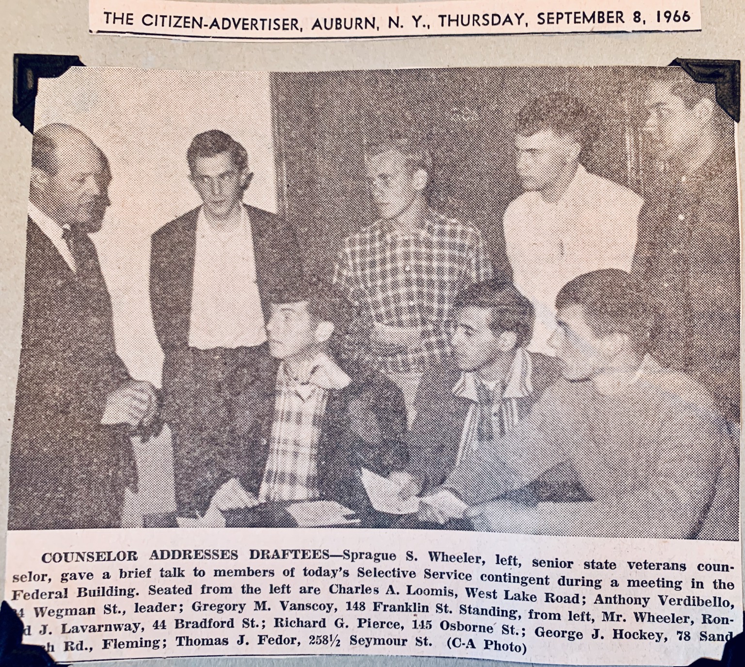 Original newspaper clipping: Counselor Addresses Draftees