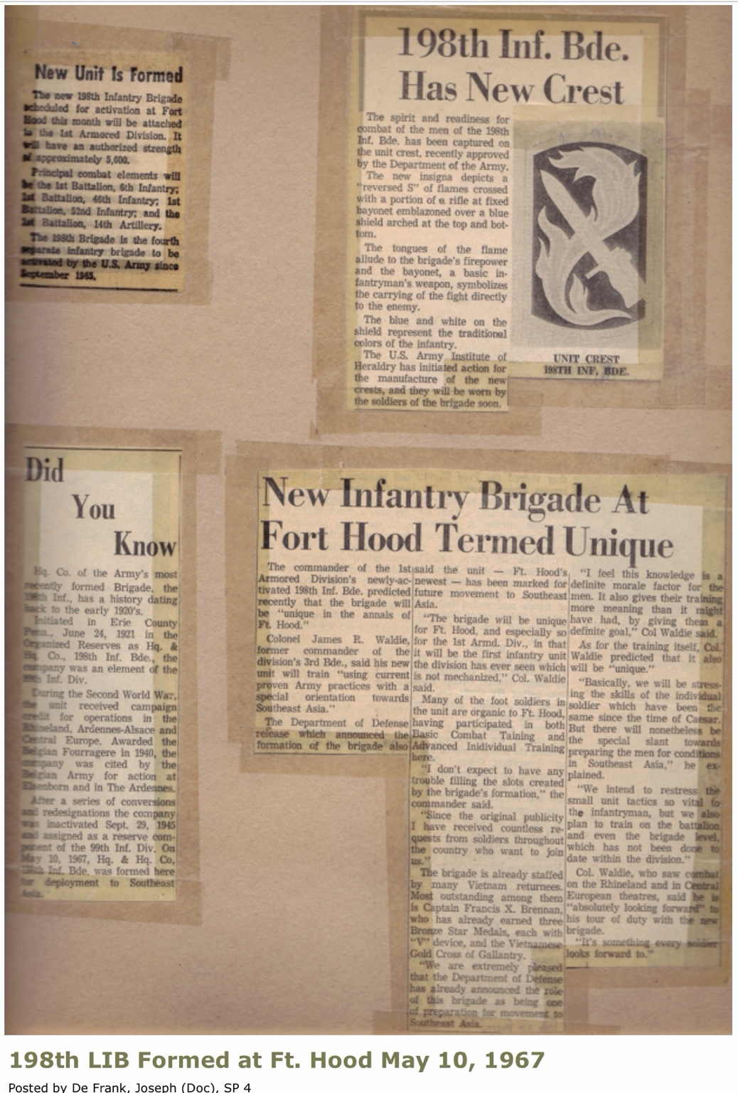 Original newspaper clipping: 198th Infantry Brigade Formed at Fort Hood