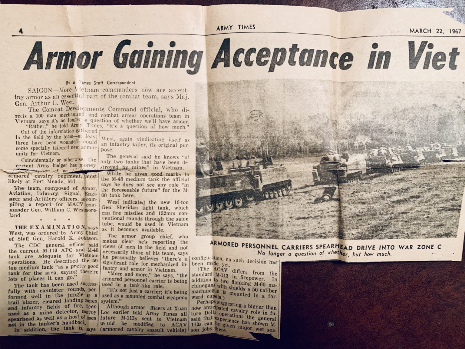 Original newspaper clipping: Armor Gaining Acceptance in Vietnam