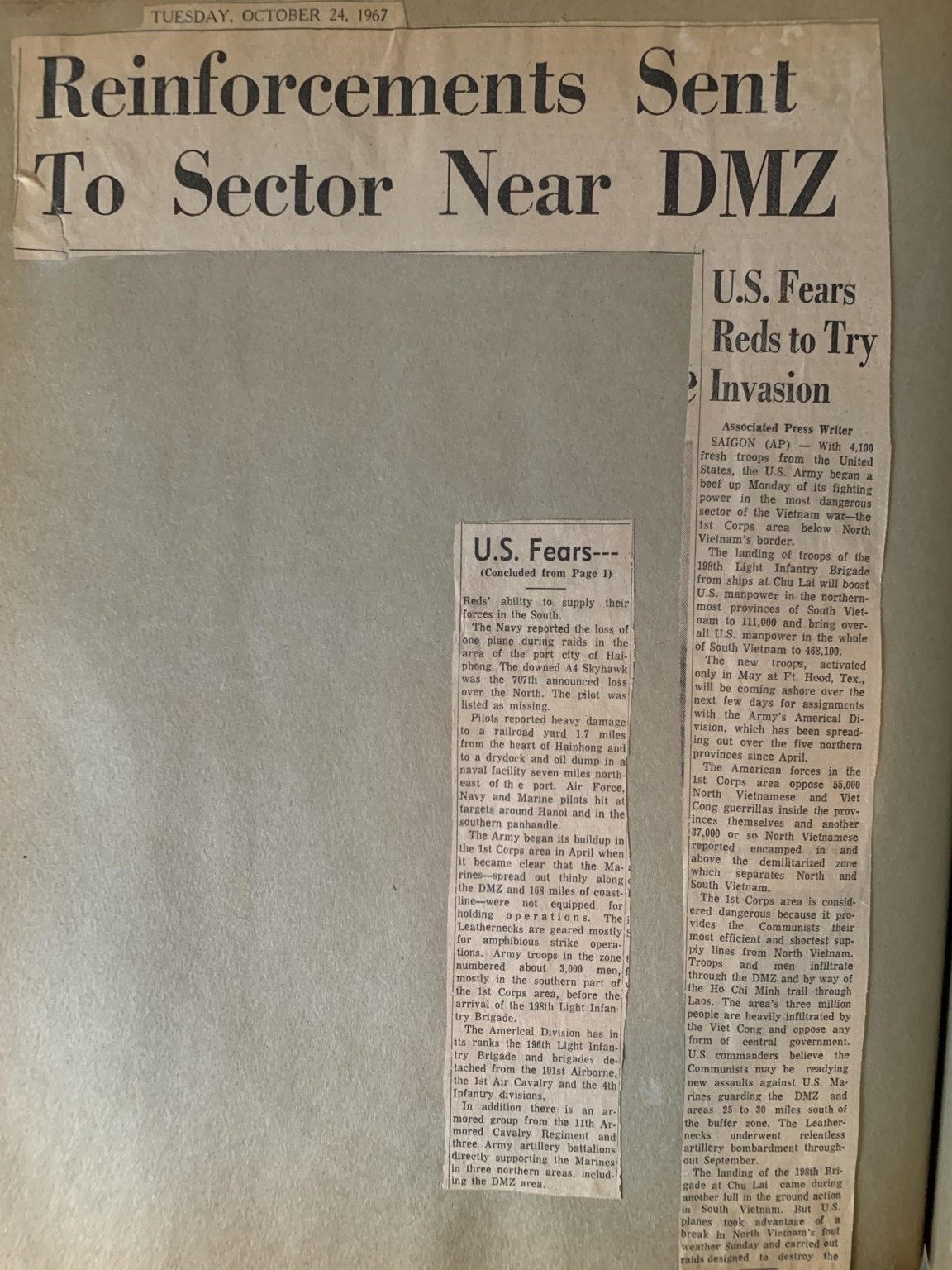 Original newspaper clipping: Reinforcements Sent to Sector Near DMZ