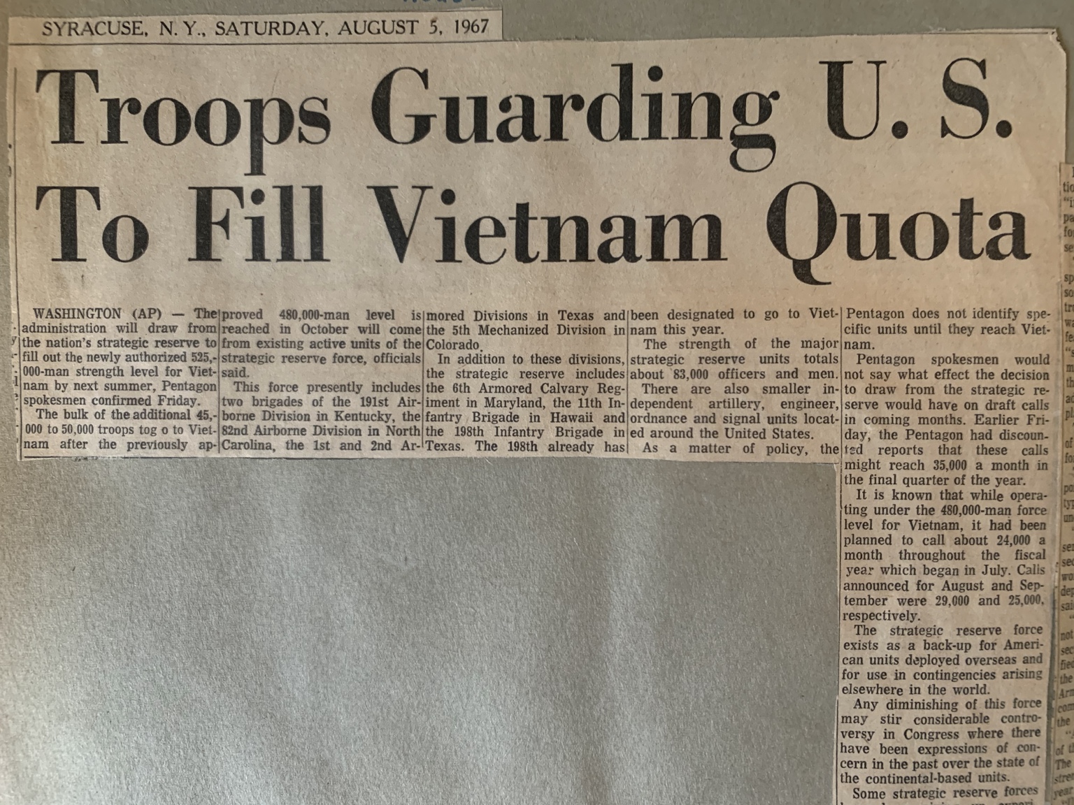 Original newspaper clipping: Troops Guarding U.S. To Fill Vietnam Quota
