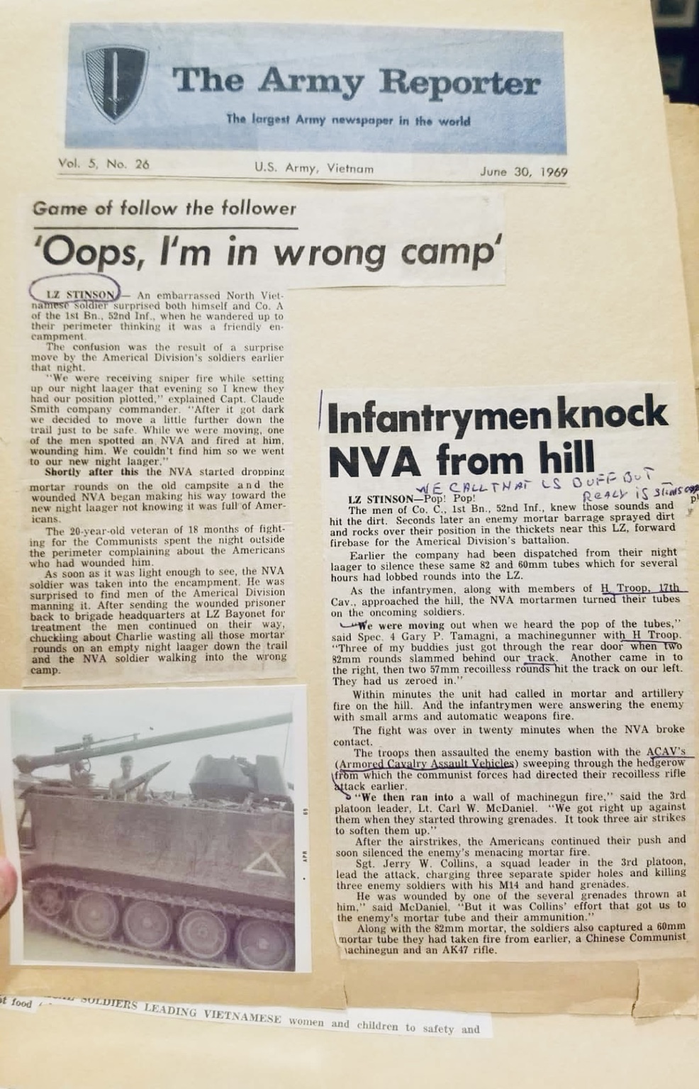 Original 1969 Army Reporter newspaper clipping mentioning H Troop