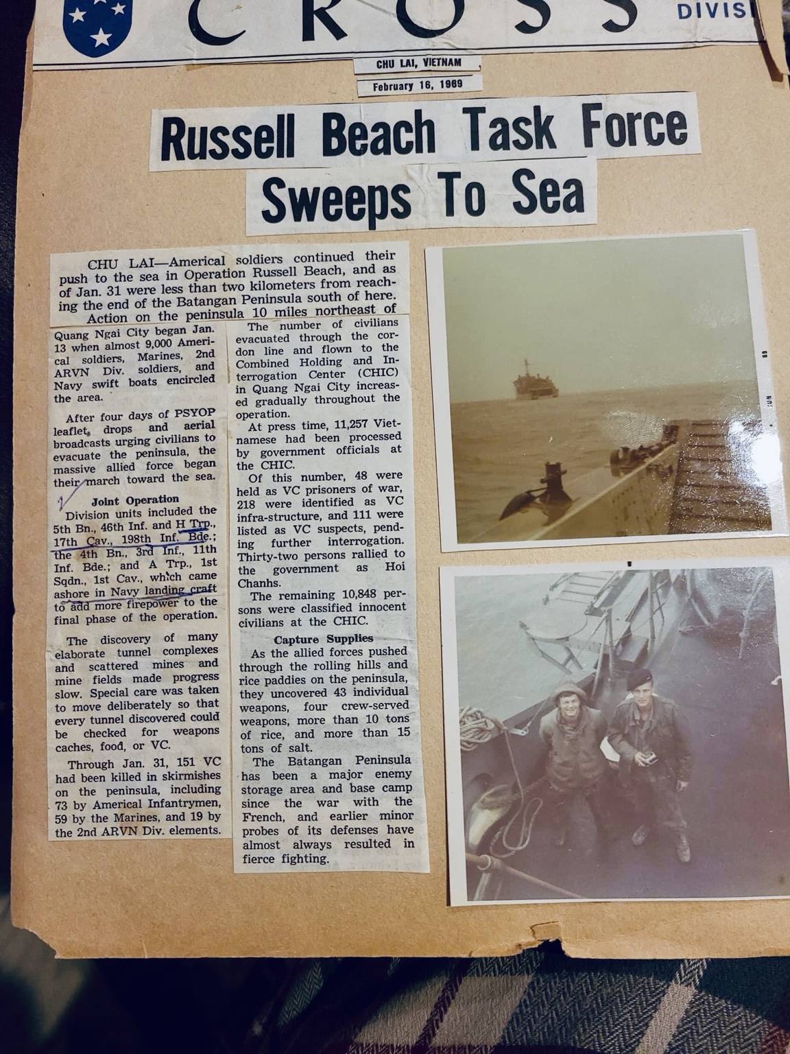 Original newspaper clipping: Russell Beach Task Force Sweeps to Sea