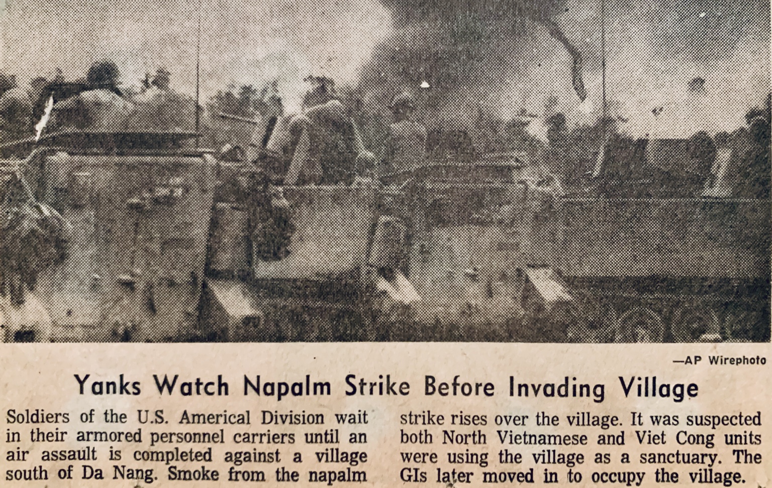 Original newspaper clipping: Yanks Watch Napalm Strike Before Invading Village