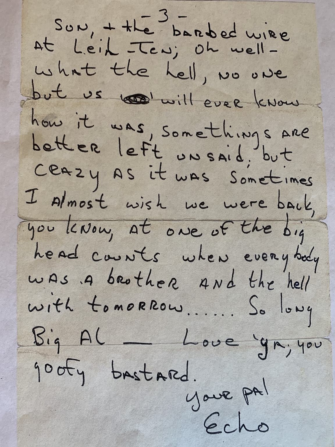Page 3 of Everett “Echo” Smith’s handwritten letter to Al Loomis, signed Your pal, Echo
