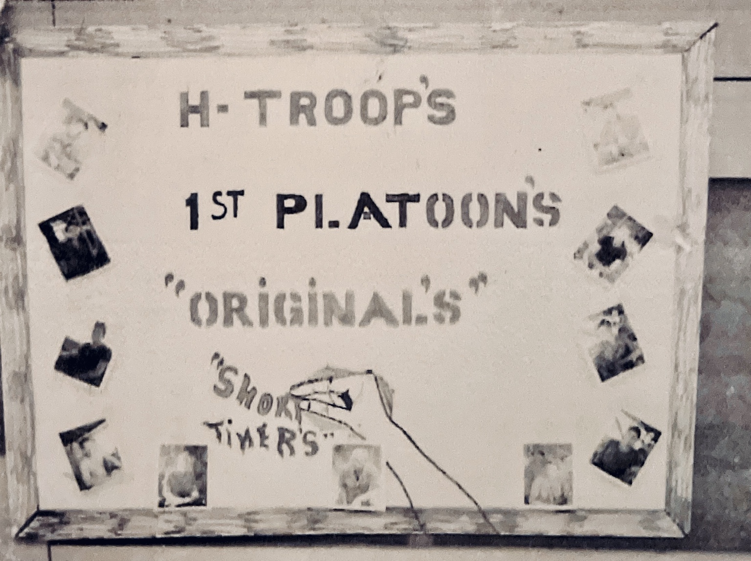 Handmade H Troop 1st Platoon display marked Originals and Short Timers, surrounded by small photographs