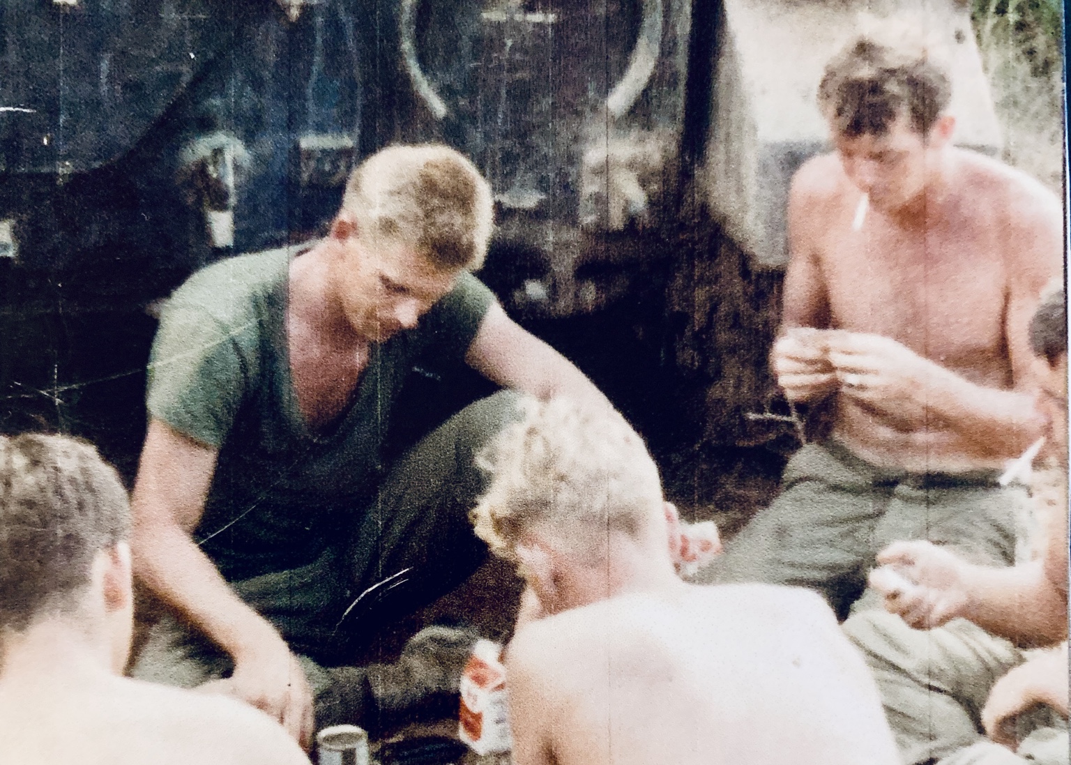 2nd Platoon troopers gathered together, 1968. Artie “Swede” Frantzich is at left, facing the camera; Al Loomis is at right, smoking. The other troopers remain unidentified.