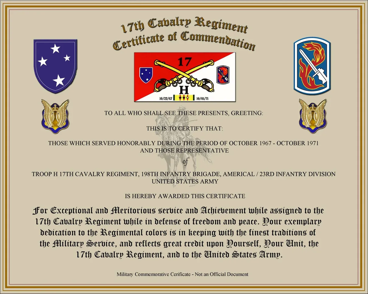 Unofficial 17th Cavalry Regiment commemorative certificate honoring H Troop service from October 1967 through October 1971