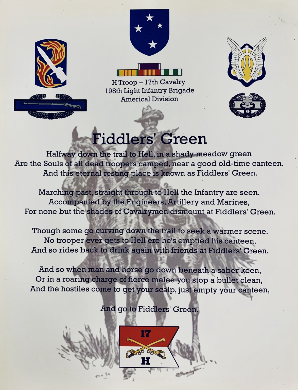 Fiddlers’ Green cavalry poem presented with H Troop, 17th Cavalry and Americal Division insignia