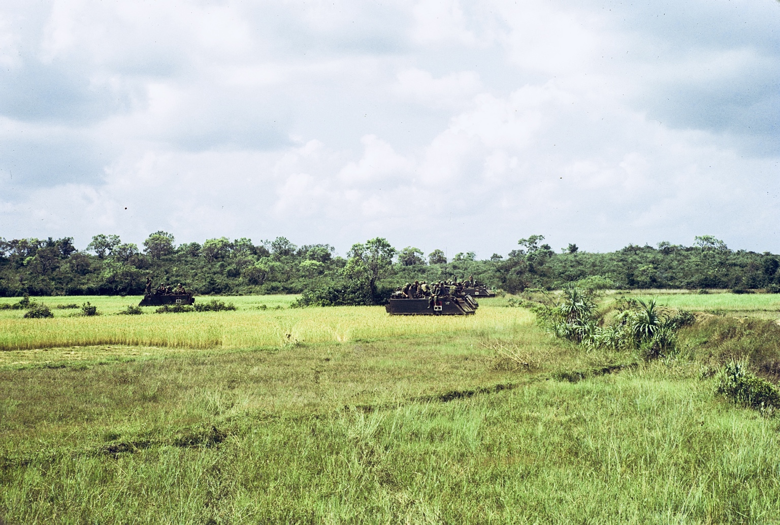 H Troop ACAVs moving through a broad green field in Vietnam beneath a cloud-filled sky