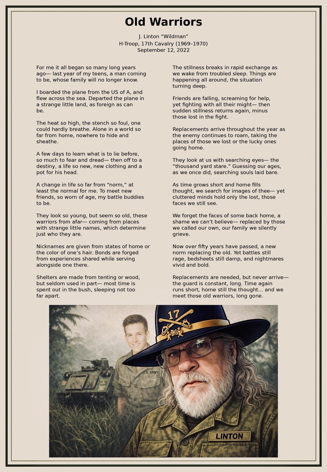 Old Warriors, a poem by Jim Wildman Linton, with his tribute portraits