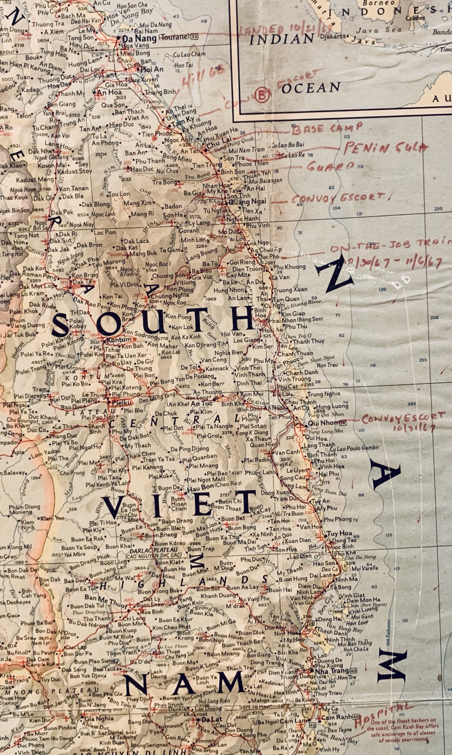 Vietnam map annotated in red by Al Loomis’s parents using his letters home