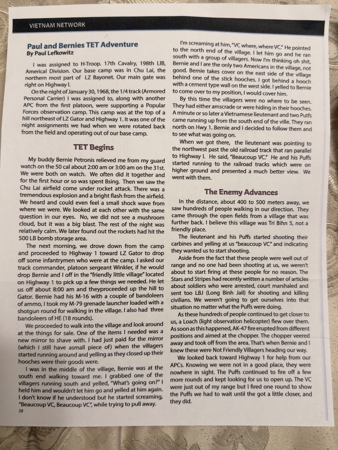 First page of Paul Lefkowitz’s TET account in Vietnam Network