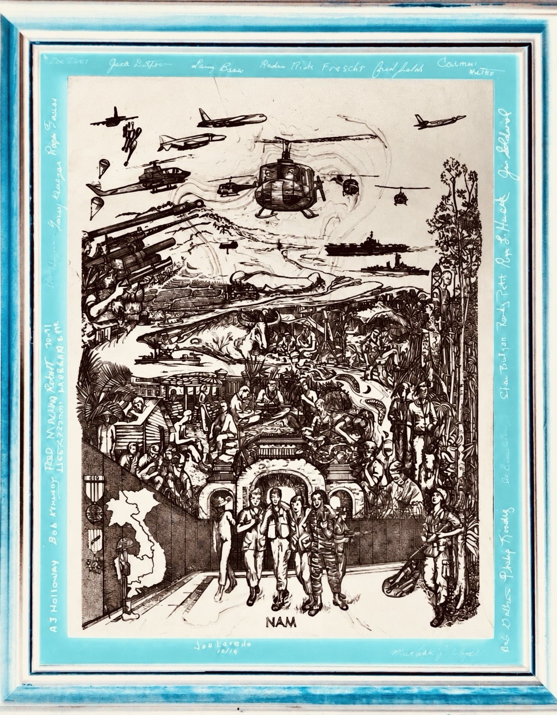 AI-assisted high-contrast interpretation of the framed Vietnam service artwork